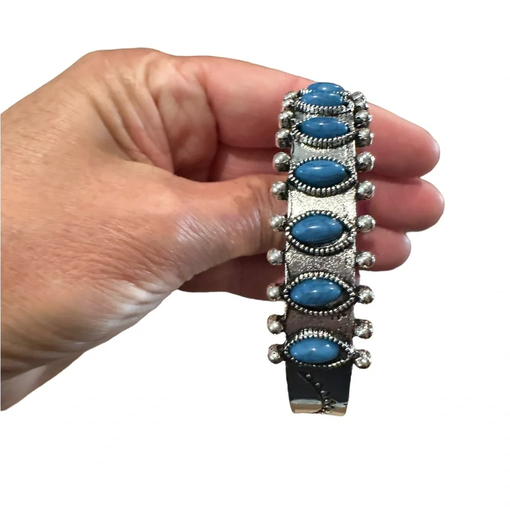 Boho Vintage Silver and Deep Blue Turquoise cuff Bracelet